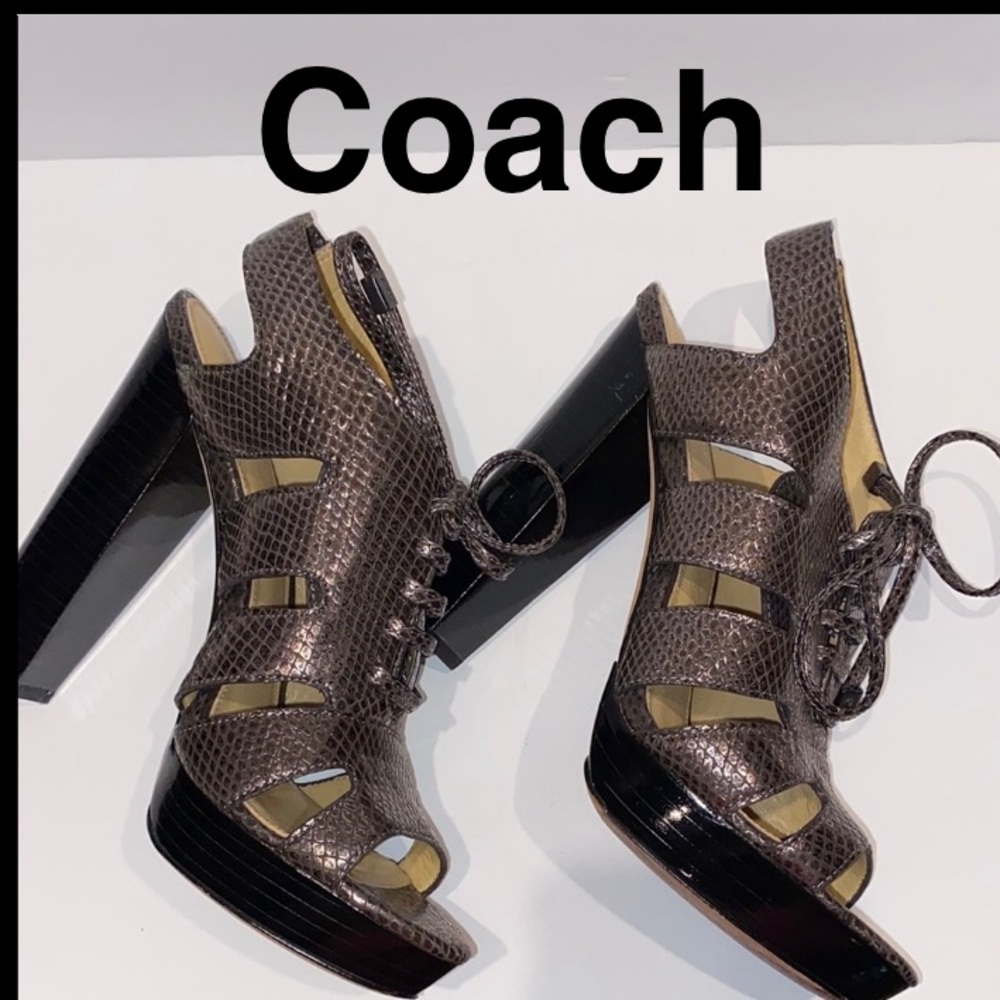 Moreen Leather Metallic EMB Pewter Lace-Up Platform Sandles W/Dustbag